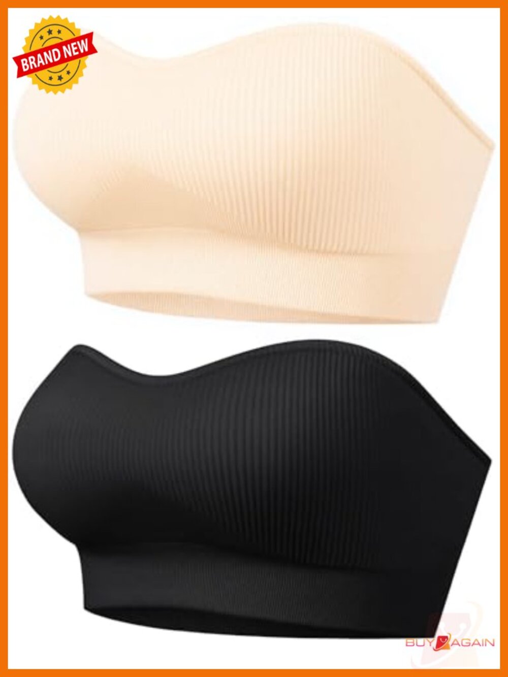 Ribbed Seamless Non-Slip Strapless Bra Wireless Padded Bandeau Tube Top Bra